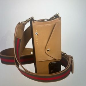 Kimberly Bandolier - Leather Crossbody Bandolier in Tan/Gold for iPhone 13 Pro